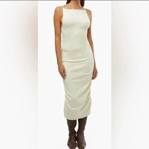 L Open Back Ruched High Neck Bodycon Midi Dress‎ Cream NEW WeWoreWhat X Revolve